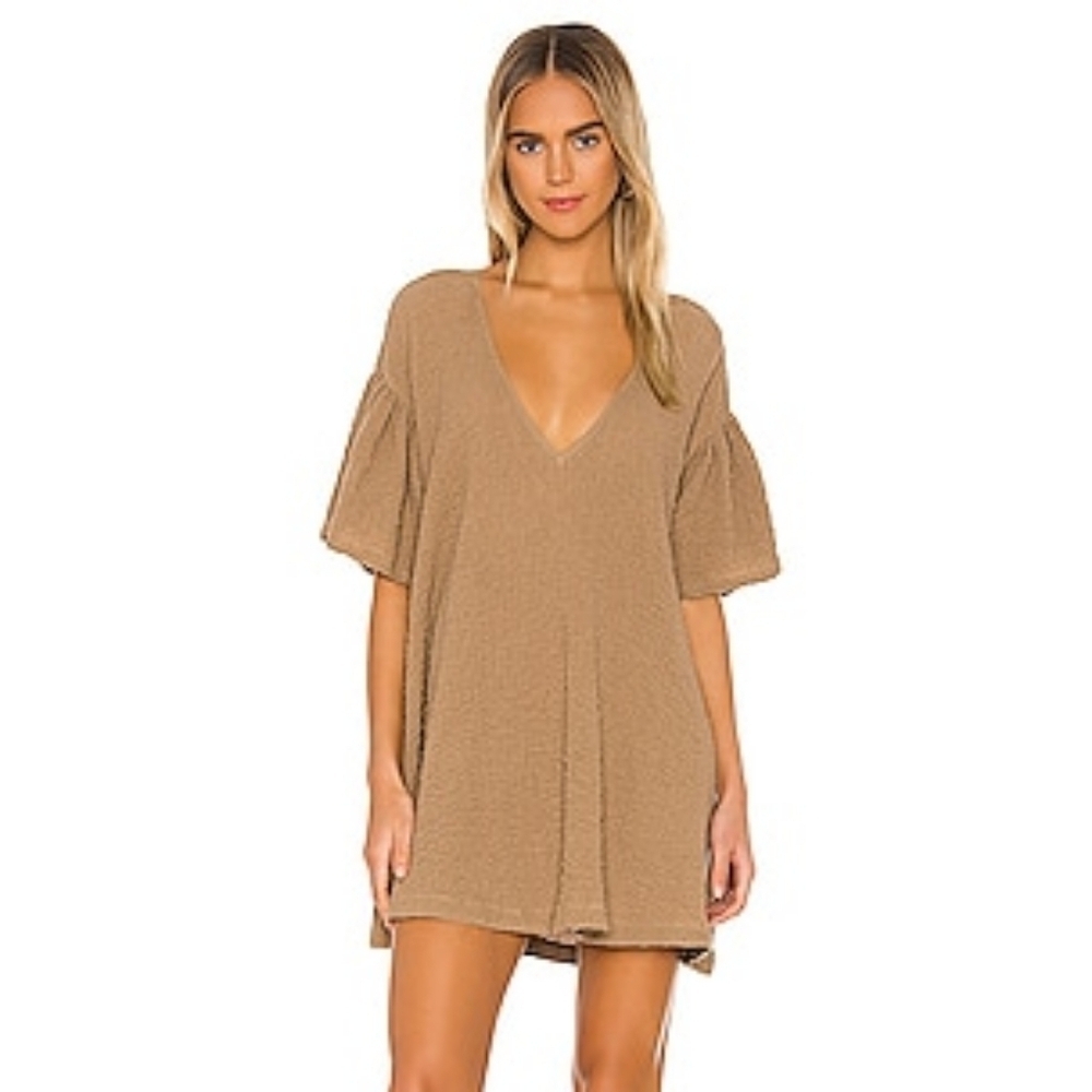 LAcademie Dress Women XXS 2XS Brown Marva Open Back Shift Ruffle Puff Sleeve